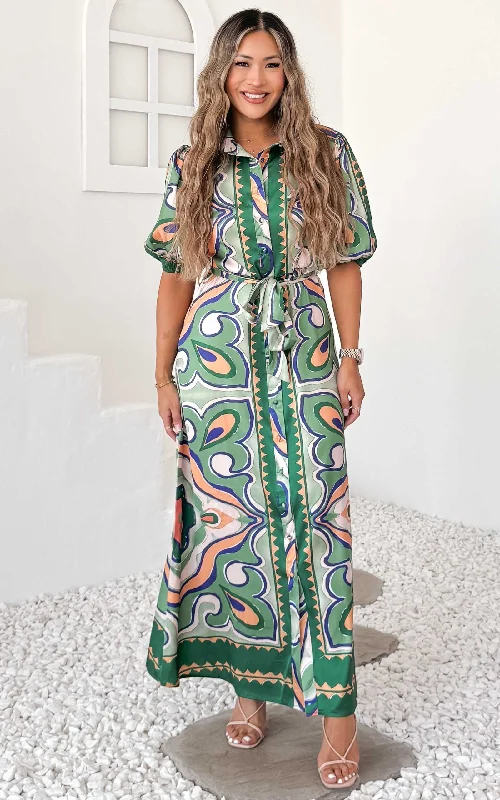 Festival Fashion Augustine Short Sleeve Maxi Dress -  Green Multi Print