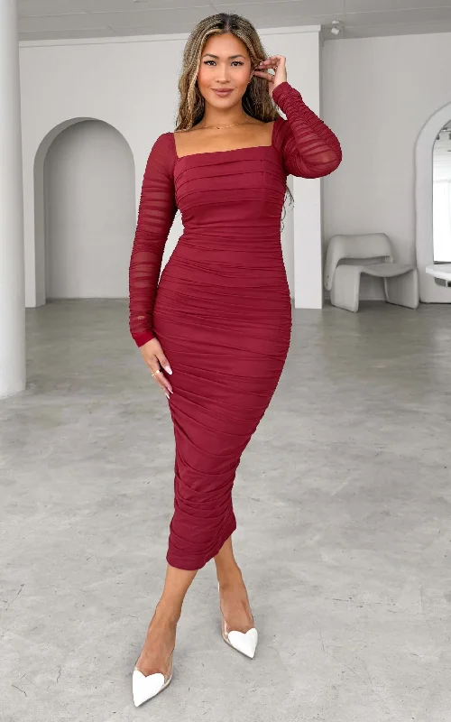 Relaxed Style Lovick Mesh Midi Dress - Wine