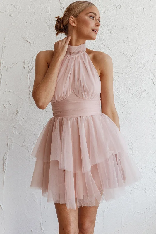 Minimalist Women’s Fashion Clothing Andria Halterneck Tulle Mini Dress Blush