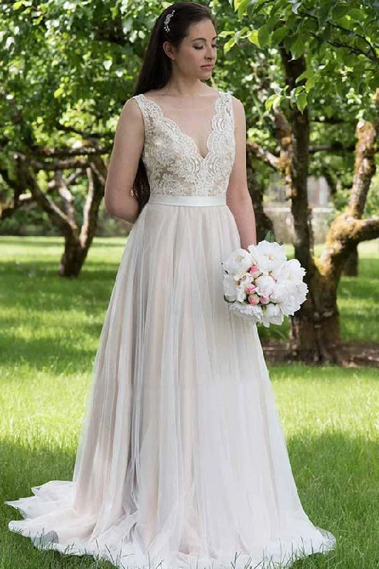 Don't Miss Out Roycebridal A-line V-neck Lace Top Tulle Skirt Beach Wedding Dresses, Wedding Gown, MW743