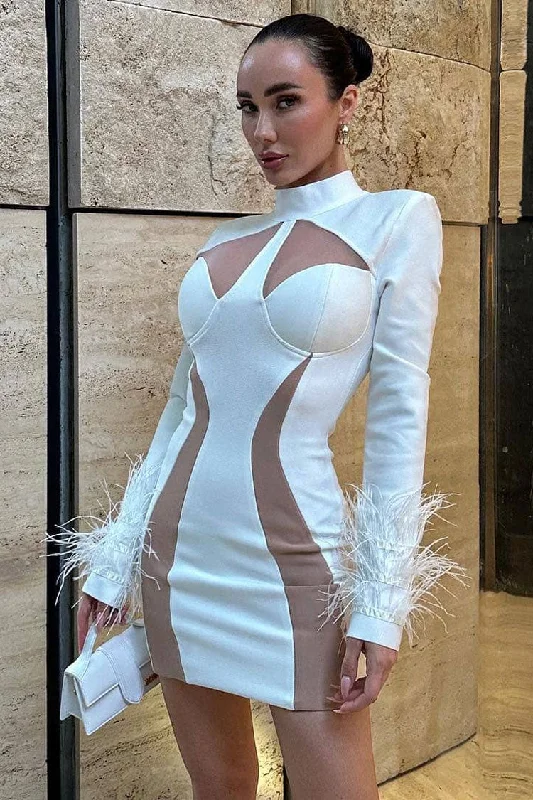 Women's Fashion Clothing Unique High Neck Feather Trim Long Sleeve Contrast Bandage Mini Dress - White