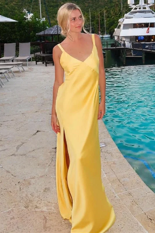 Flash Sale Fever V-Neck Tie-Back Maxi Dress with Slit in Yellow