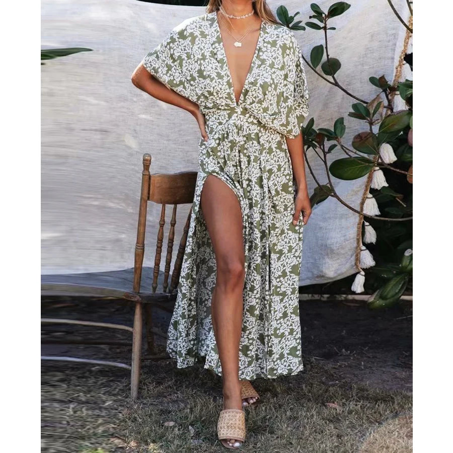 Redefining Women's Fashion FashionSierra-Sexy  Deep V Neck  Maxi  Women  Vestidos  2024  Vintage Floral Print  Side Split  Summer  Beach  Casual Boho Dress