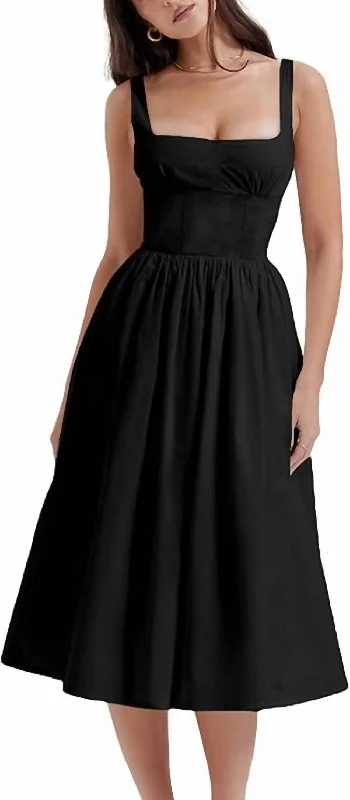 Season Transition Versatile Wear Clearance Square Neck Ruched Bust Midi Dress In Black