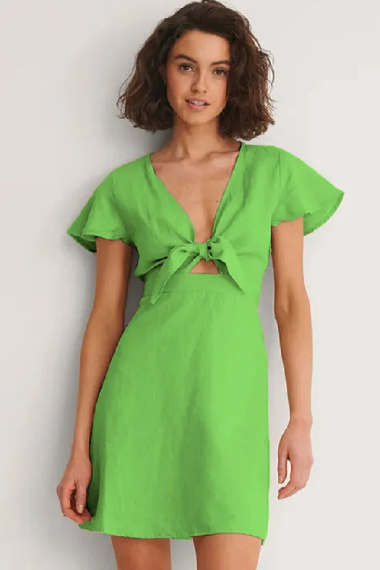 Modern Women’s Fashion with Vintage Touches Chic V Neck Bow Tie Front Short Sleeve Beach Vacation Mini Dress - Green