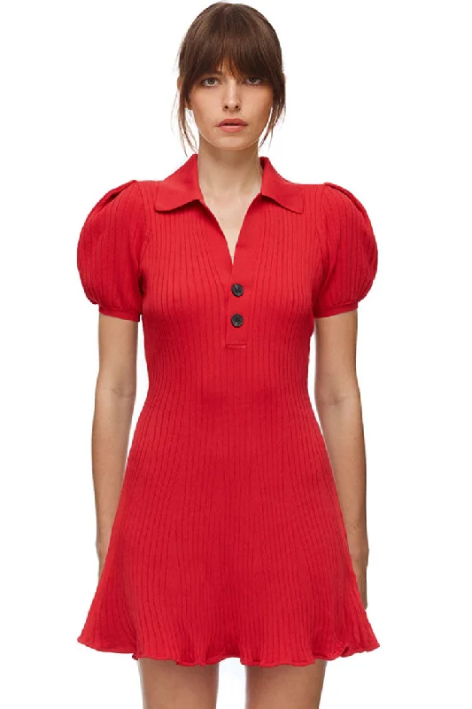 Fashion Forward Trendy Puff Sleeve Ribbed Winter Polo Sweater Mini Dress - Red