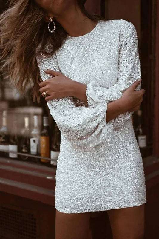 Seasonal Sale Sparkly Long Sleeve Round Neck Sequin Mini Dress - White