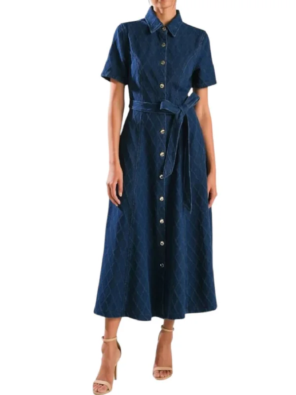 Attire Sale A Textured Denim Midi Dress In Dark Blue