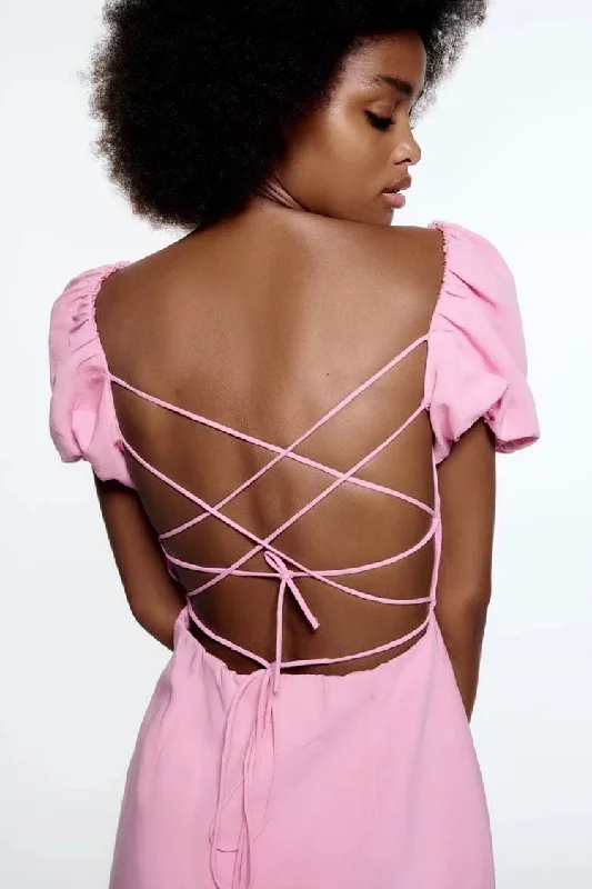 Big Discounts Breezy Ruched Square Neck Puff Sleeve Lace Up Back Party Mini Dress - Pink