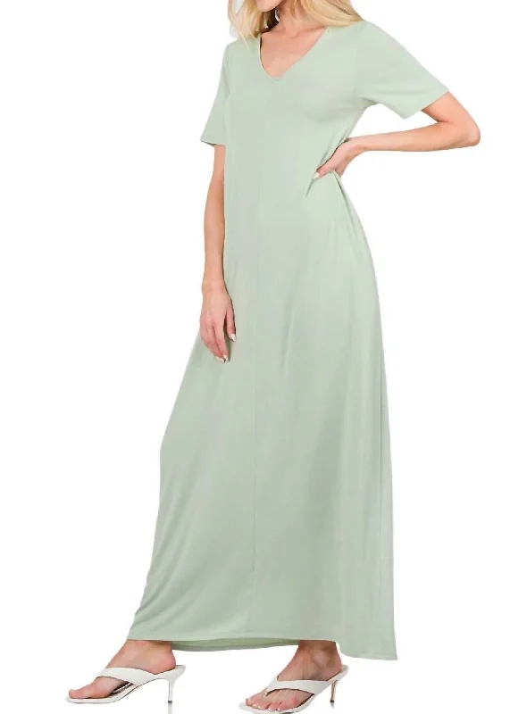 Women's Fashion Clothing V-Neck Short Sleeve Maxi Dress In Dusty Green