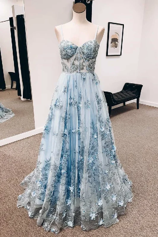 Affordable Women’s Clothing Sale Online Blue 3D Floral Lace Sweetheart A-Line Long Prom Dress Y3099