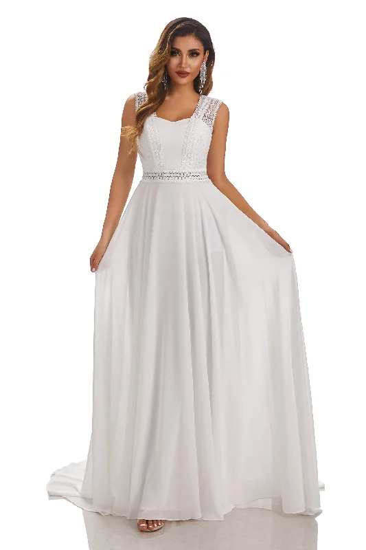 Sporty Streetwear Elegant Sleeveless Lace Appliques Chiffon Beach Wedding Dresses