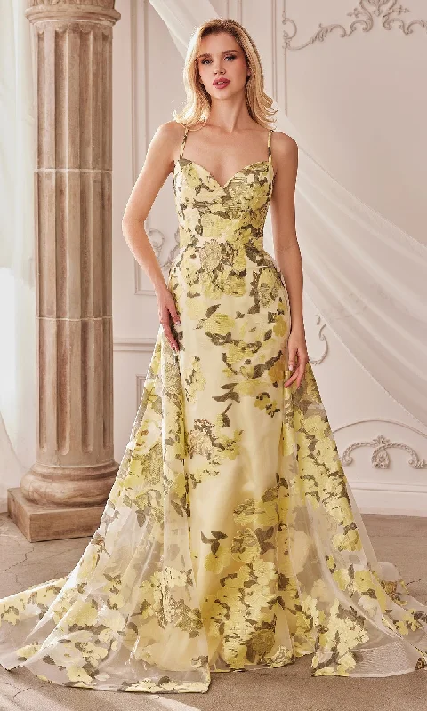 Latest Trends Lemon Yellow Floral-Print Long Prom Dress A0770