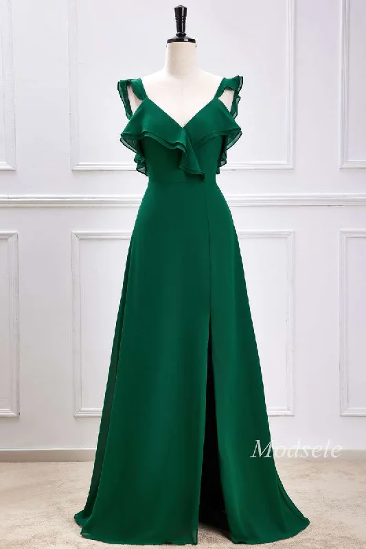 Hot Picks Emerald Ruffle Flutter Sleeve Maxi Dress with Slit