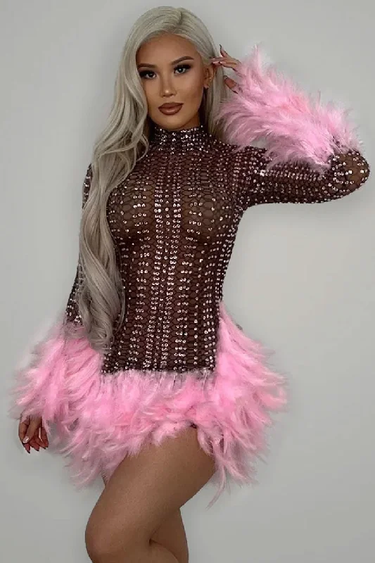 Fashion Essentials Sparkly Rhinestone High Neck Sheer Mesh Feather Trim Party Mini Dress - Pink