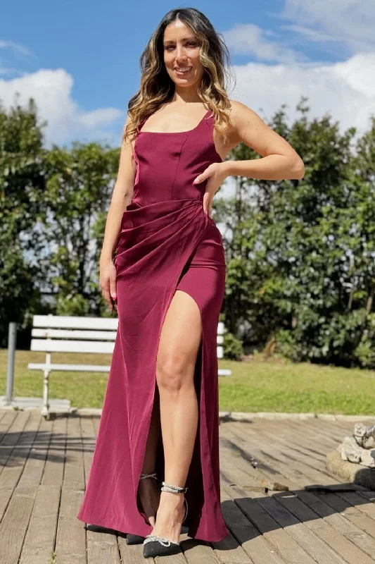 Budget Friendly Burgundy Square Neck Cutout Back Ruched Maxi Dress