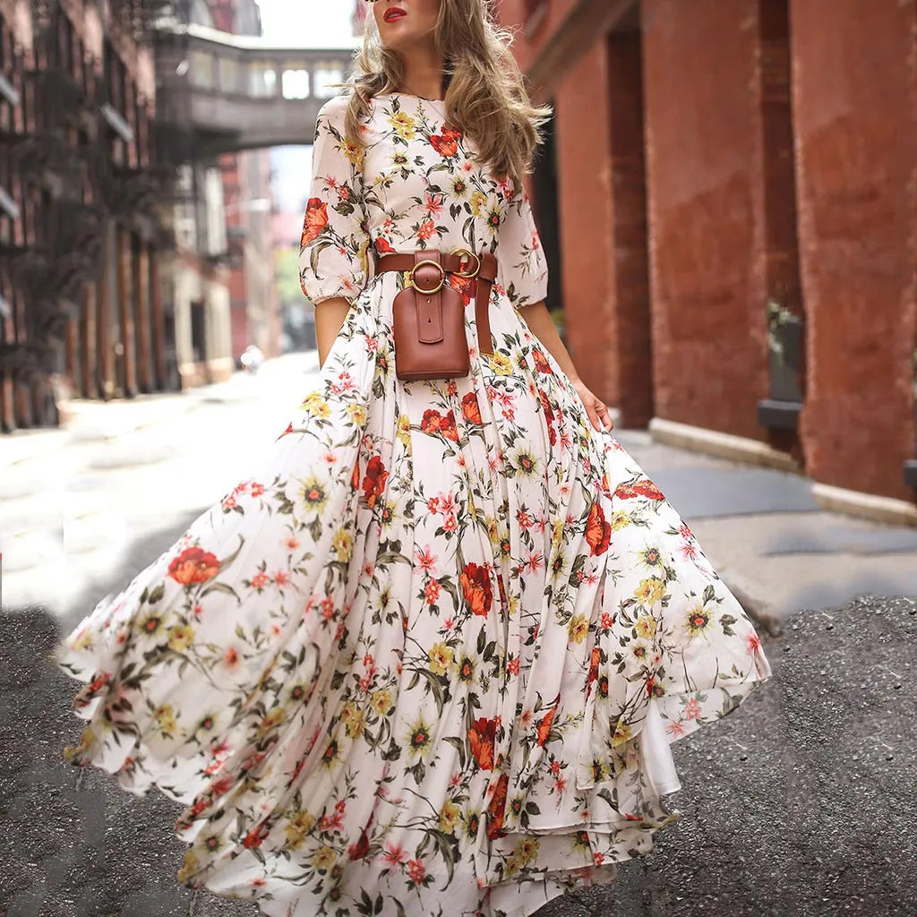 Style Your Wardrobe Clearance Half Sleeve Swing Floral-Printed Holiday Maxi Women's Boho Dress