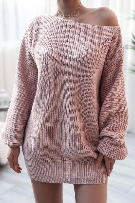 Eco Friendly Fashion Sale Cozy Winter Boat Neck Long Sleeve Textured Sweater Mini Dress - Pink