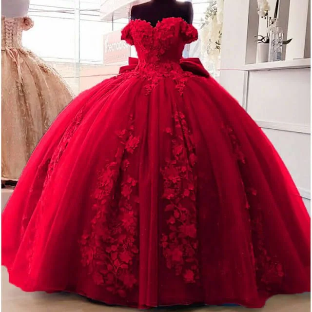 Sales For Clothes Big Bow Floral Flower Lace Applique Quinceanera Dresses Off Shoulder Sweet 16 Dress Ball Gown Y4263