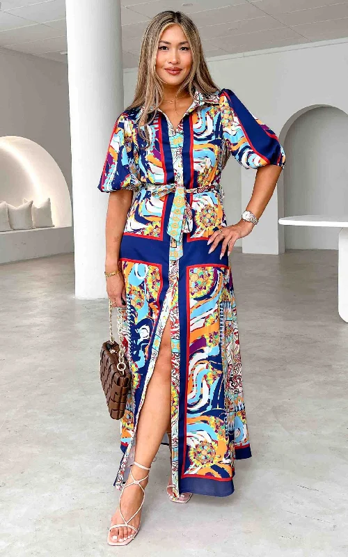 Casual Chic Augustine Short Sleeve Maxi Dress -  Navy Multi Print