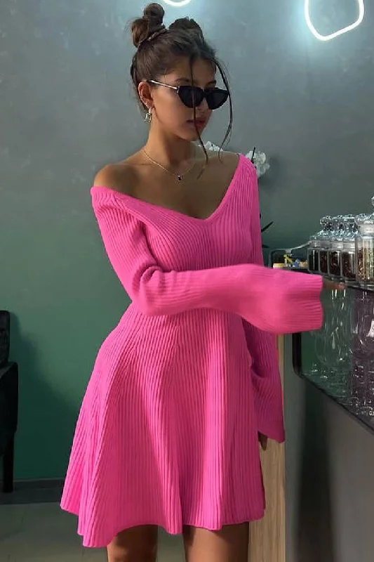 Sales Clothes Sexy Deep V Neck Long Sleeve A Line Ribbed Knit Winter Party Mini Dress - Hot Pink