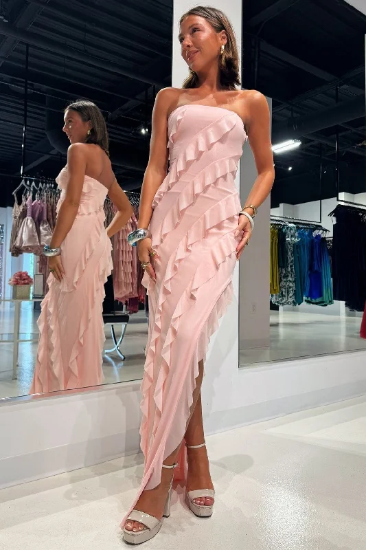 Shop Sales Strapless Ruffle Chiffon Maxi Dress with Slit in Pink