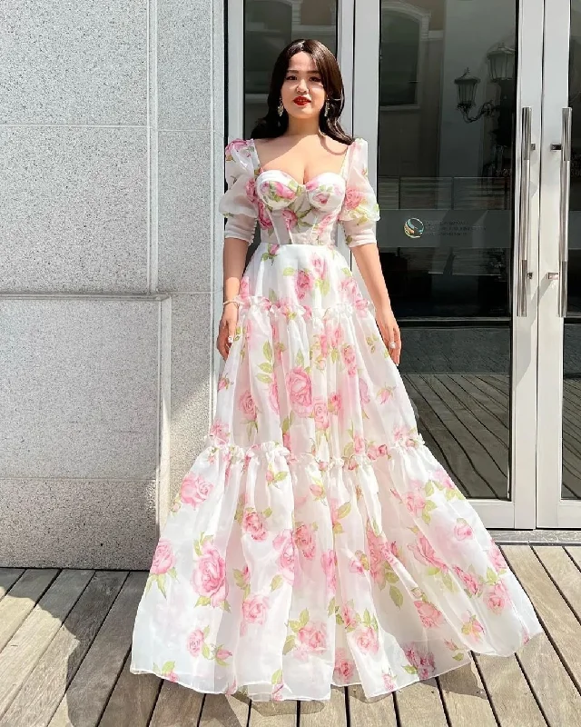 High End Designer Brands Discount Marvelous And Outclass Floral Print Dress,Vintage A-line Long Prom Dress Y2389