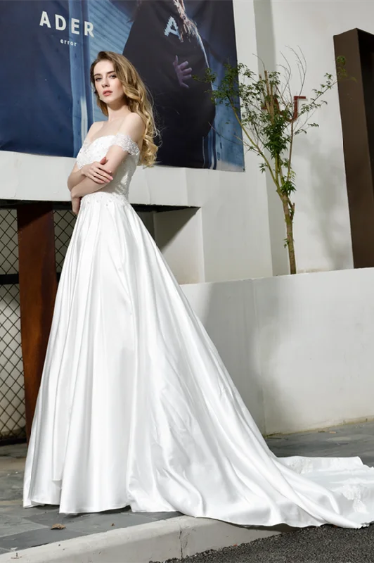 Rocker Chic Fashion A Line Off The Shoulder Appliques Silk Like Satin Court Train Wedding Dresses WH32382