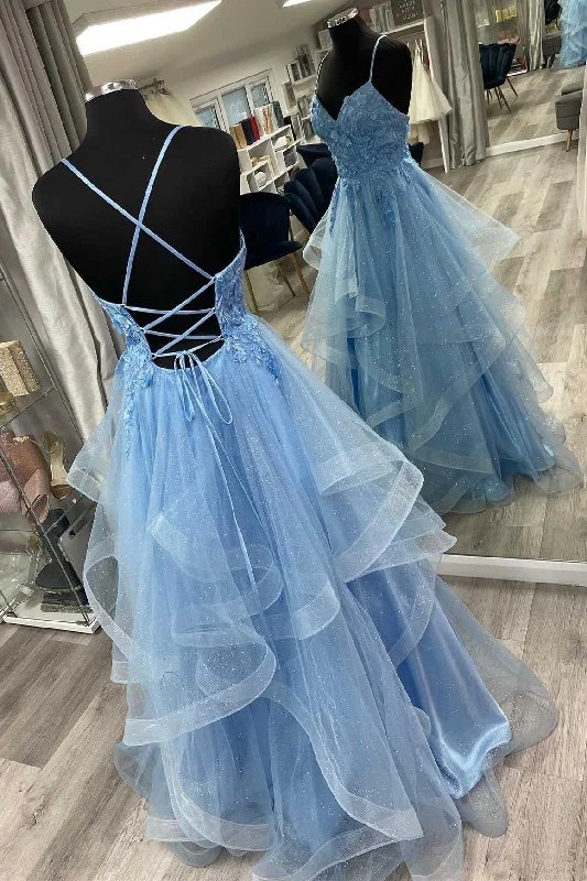 Sale On Clothing Blue Floral Appliques Lace-Up Tiered A-Line Prom Dress Y4218