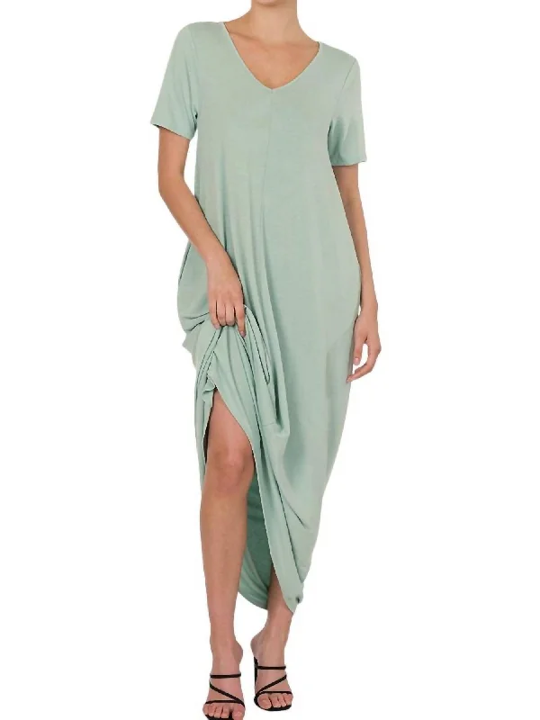 Big Savings V-Neck Short Sleeve Maxi Dress In Light Sage