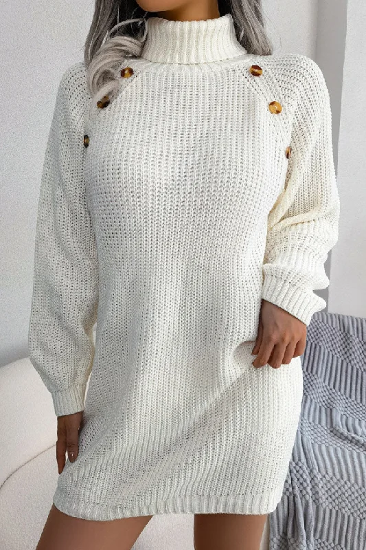 Shop Sales Cozy Winter Button Trim Ribbed Turtleneck Sweater Mini Dress - White