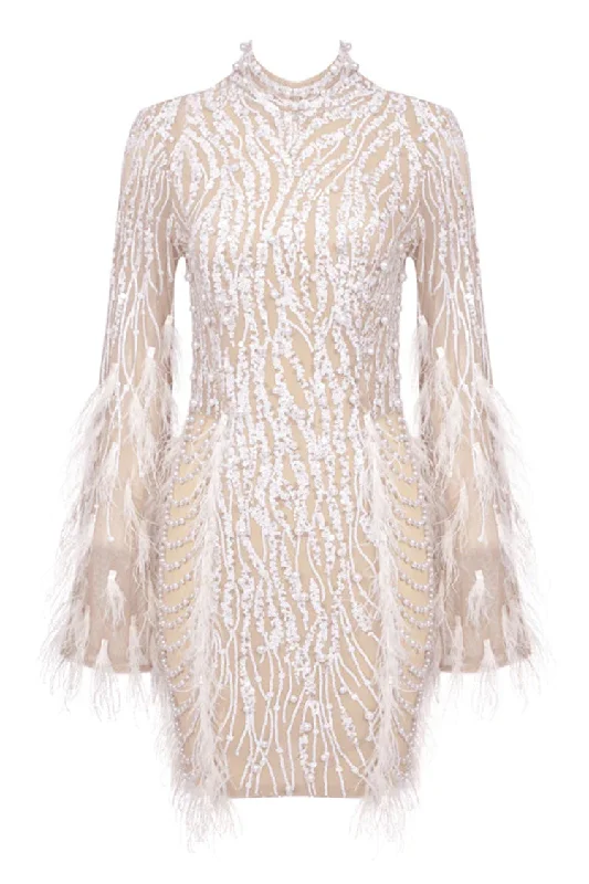 Early Bird Offer Lavish Feather Beaded Mock Neck Sheer Mesh Sequin Party Mini Dress