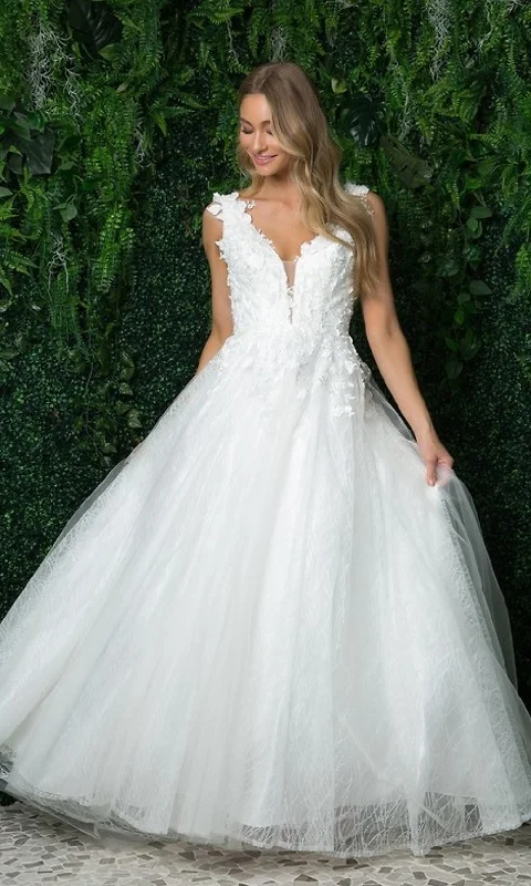 Luxury Fashion Floral-Applique Long White Ball Gown Wedding Dress