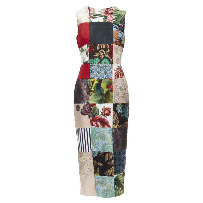 Modern Women’s Fashion with Vintage Touches Dolce & Gabbana mixed grid patchwork jacquard midi dress