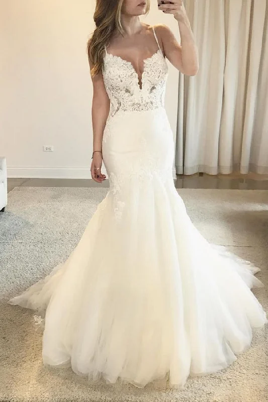 Style Beyond Borders Roycebridal Charming Mermaid V-neck Open Back Spaghetti Straps Lace Wedding Dresses with Train,MW421