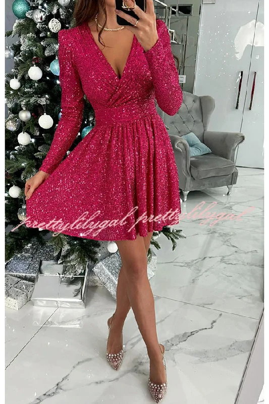 Versatile Women’s Clothing for All Occasions Girls Night Out Sequin Wrap Long Sleeve Mini Dress