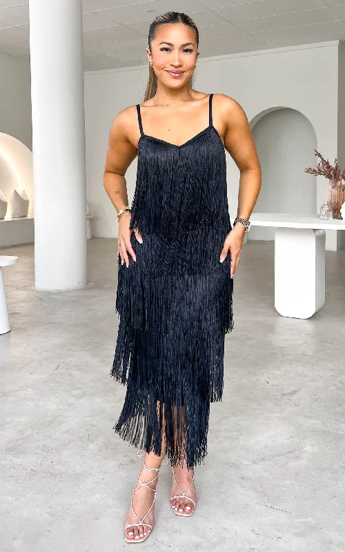 Laid-Back Elegance You Found Me Fringe Tassel Maxi Dress - Black