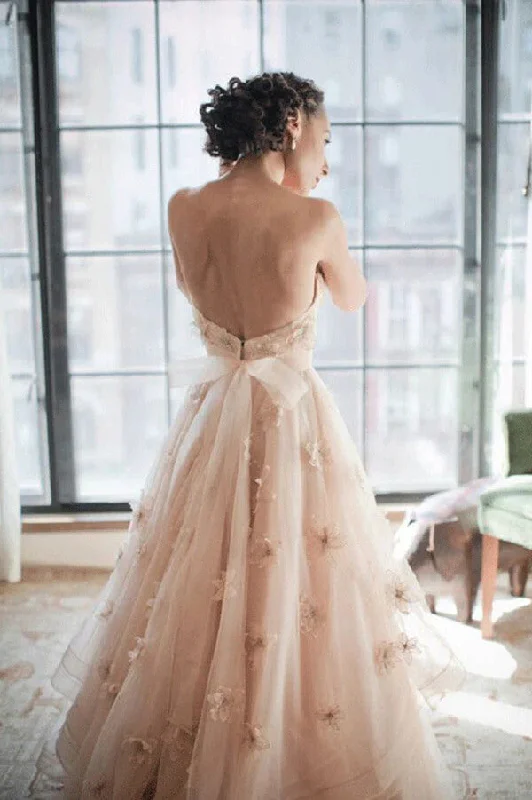 Trendy Aesthetics Roycebridal Blush Pink A-line Sweetheart Floral Backless Wedding Dress, Bridal Gowns, MW761