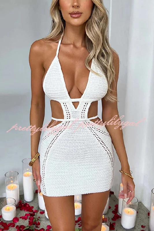 Women's Clothing Online Effortlessly Cool and Sexy Knit Crochet Cutout Halter Tie-up Stretch Mini Dress