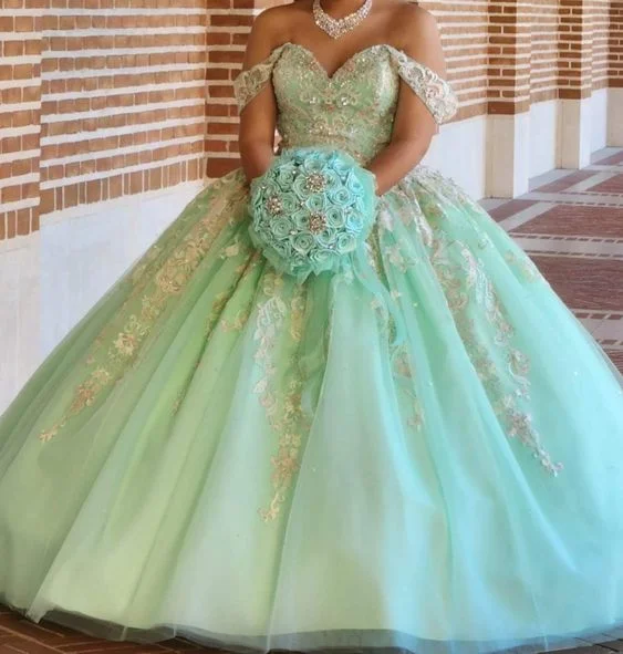 Buy More, Save More Stunning Off The Shoulder Tulle Floral Ball Gown Sweet 16 Dress Y1235