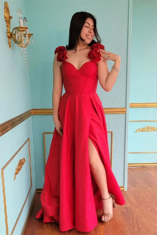 VIP Member Discount Red Floral Straps A-line Satin Long Prom Dress with Slit Y5683