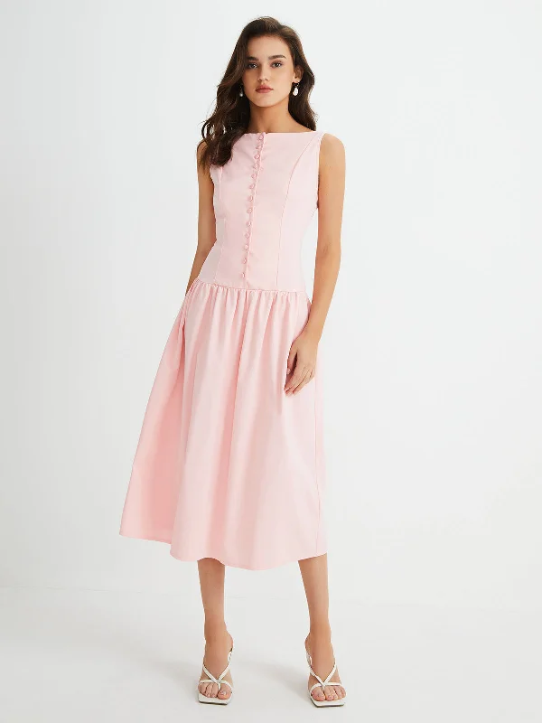 Stupidly Low Prices Multi-Button Sleeveless Pleated Midi Dress