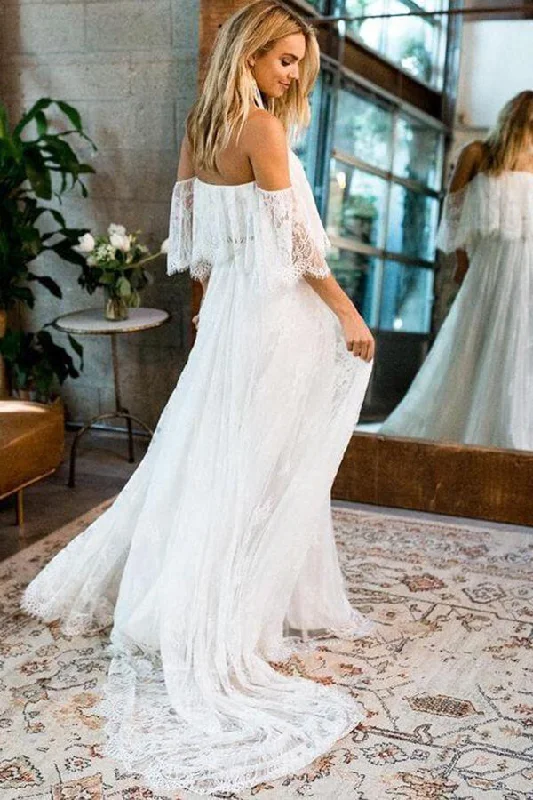 Trendy And Individual Women's Fashion Roycebridal Boho Lace A-line Half Sleeves Off-the-Shoulder Beach Wedding Dresses, MW630