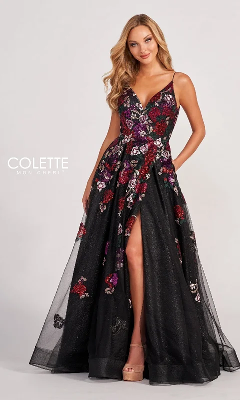 Brand Name Clothing Discount Extravaganza Black Prom Dress CL2069 with Multicolor Floral Appliques