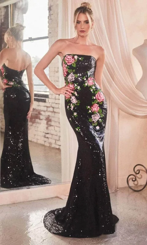 Chic Women’s Clothing for Work and Travel Ladivine CD811 - Floral Embroidered Strapless Prom Gown