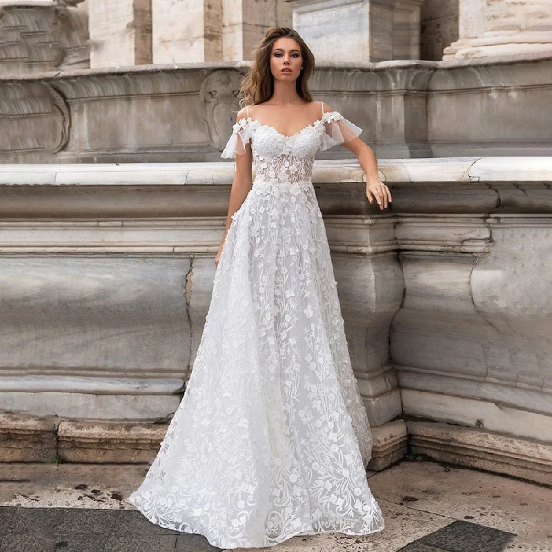 Boutique Dress Online Roycebridal New Wedding Dresses 2021 A-line Sweetheart Bridal Gown Lace Appliques Ball Gown Short Sleeve Backless Vestidos de Noivas