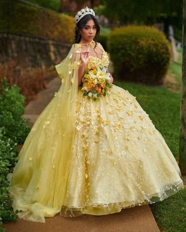 The Latest Trends Yellow Off The Shoulder Ball Dresses Quinceanera Dress Sweet 16 Dresses 3D Floral Lace Appliques Y501