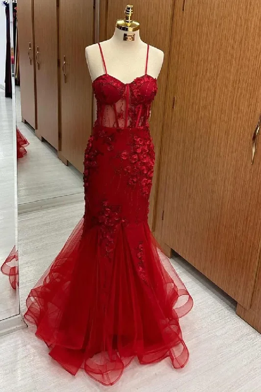 Business Casual Outfits Red 3D Floral Lace Sweetheart Trumpet Long Prom Dress Y5957