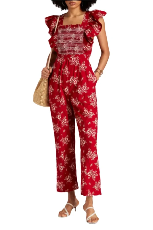 Sporty Streetwear Alessia Print Smocked Jumpsuit In Red