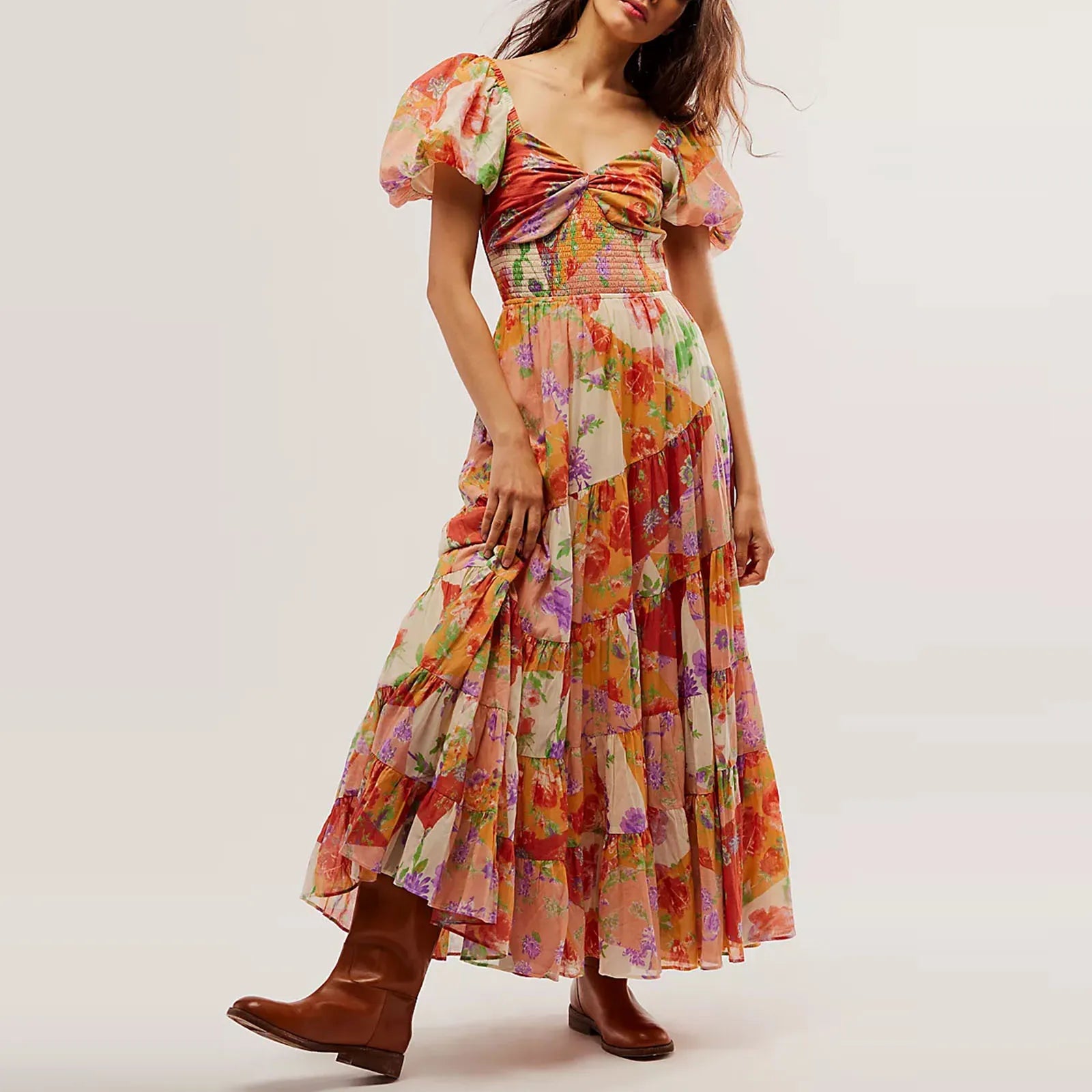 Season Appropriate Women's Collection Waist A-Line Neck Tunic Short Puff Sleeve Floral Printed Maxi Boho Dress